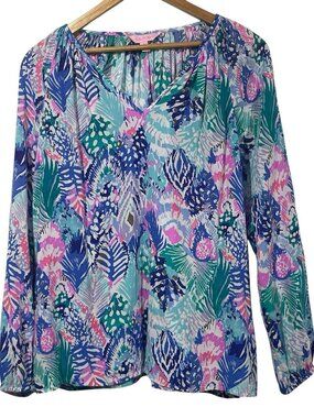 Lilly Pulitzer Willa Peasant Top Blouse Quills Out V Neck Sz S Oversized Preppy
